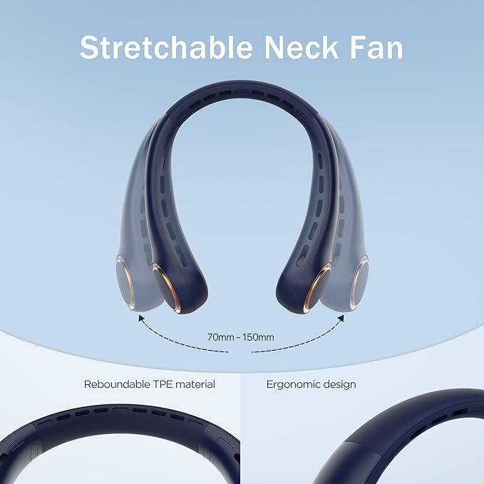 Portable Neck Fan, Personal Fan with 4000mAh Battery, Rechargeable Neck Fan with 3 Speeds and 64 Cool Lights, Birthday Gifts for Men Women Mom Dad, Hands Free Cooling fan for Summer(Navy Blue)