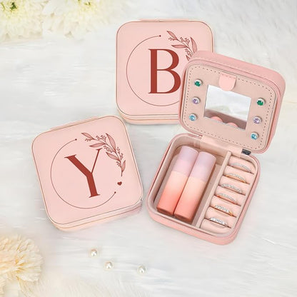 SANDJEST Personalized Jewelry Box, Pink Small Travel Jewelry Box with Initial Y, Monogrammed Jewelry Case Organizer for Girls Women Teen, Mini Travel Essentials Gifts for Christmas Birthday