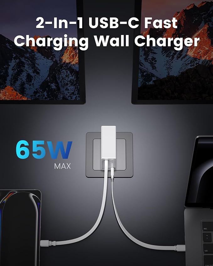 Gitryin 65W USB C Retractable Wall Charger with Built-in Type-C Cable, 2-in-1 Foldable Fast Charger Block, Travel Essentials Compatible for Laptop, MacBook Pro/Air, iPhone 16/15, iPad, Galaxy, Pixel