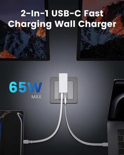 Gitryin 65W USB C Retractable Wall Charger with Built-in Type-C Cable, 2-in-1 Foldable Fast Charger Block, Travel Essentials Compatible for Laptop, MacBook Pro/Air, iPhone 16/15, iPad, Galaxy, Pixel