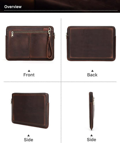 Top Grain Leather 14.2" Laptop Case Bag, Zip Pockets Design, Compatible with MacBook Air 13" M2 A2681 M1 A2337 A2179 A1932/Pro 13" M2 M1 A2338 A2251 A2289 A2159 A1989 A1706, Coffee 14.2 Inch