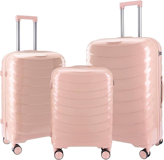 LARVENDER Luggage Sets 3 Piece, Hardside PP Carry On Luggage Suitcase with 360° Spinner Wheels Suitcase Sets for Women Men, Pink