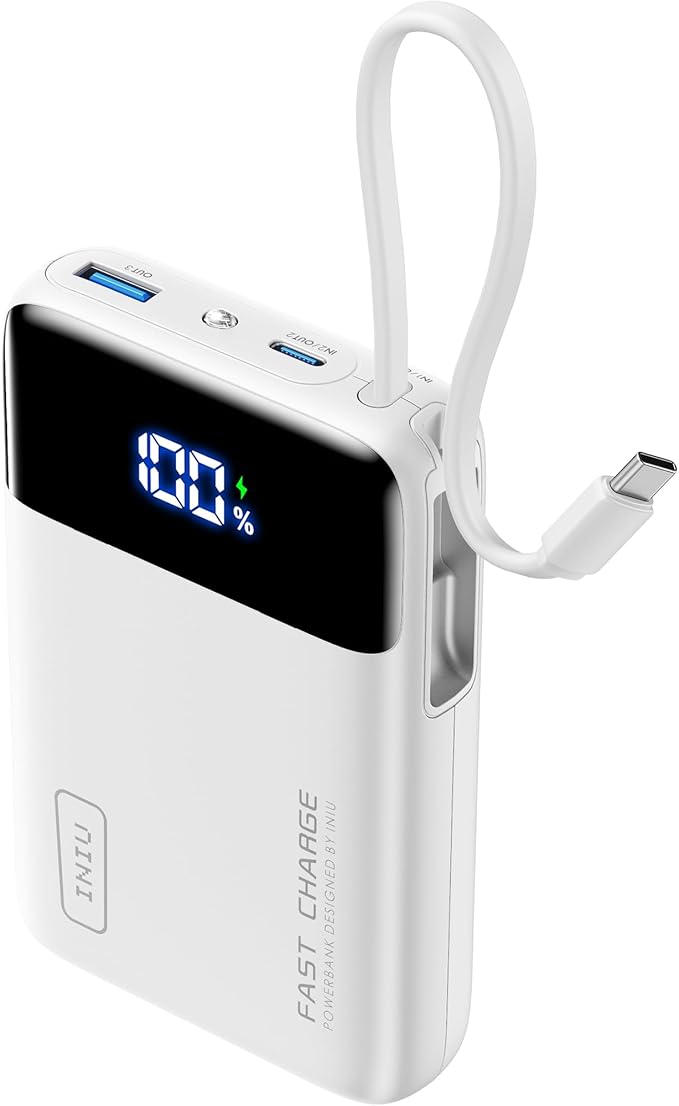 INIU Portable Charger, Small 20000mAh Power Bank with Build in USB-C Cable, 45W Fast Charging Mini Battery Pack, Flight Travel Essentials Phone Charger for College Student Traveler Boys Girls, White