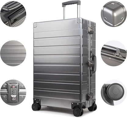 TRAVELKING All Aluminum Luggage with TSA Locks Metal Hard Shell Zipperless Spinner Alloy Metal Suitcase (Cool Metallic, 24 Inch)