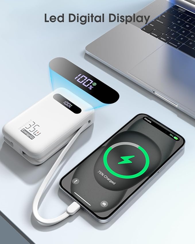 EnergyQC 20000mAh Portable Charger, 35W PD 3.0+QC 4.0 Fast Charging Power Bank with Built-in Lightning & USB-C in&Out Cables, Travel Battery Pack for iPhone 16/15/14/13, Samsung, iPad, Android, White