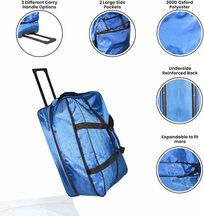 Rolling Duffel Bag Foldable Expandable Weekender Travel 28" (Blue)