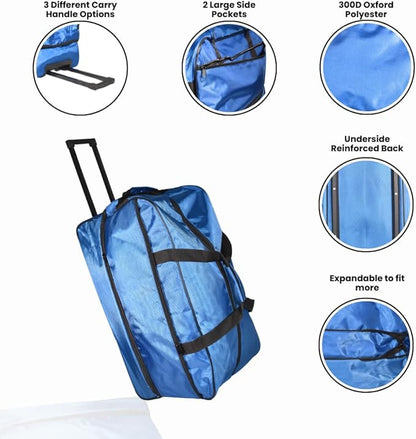 Rolling Duffel Bag Foldable Expandable Weekender Travel 28" (Blue)
