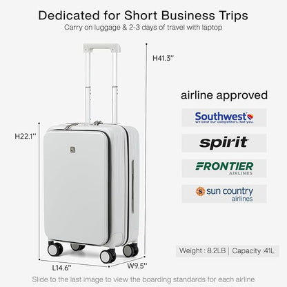 Hanke Grace Carry On Luggage with Wheels Airline Approved Hard Shell Suitcases with Front Pocket，Top Opening Luggage with TSA Lock for Short Business Travel，Smoke White.