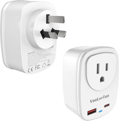 Type I Plug Adapter, VooLerTun Australia Travel Adapter with 30W Fast Charge Power Adapter Dual Ports compatiblecell Phone Camera, 1 American Outlet Adapter, US Converter for New Zealand Travel