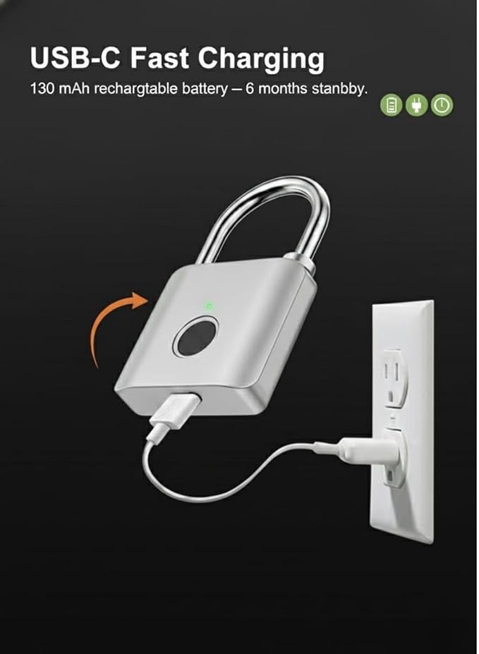 Fingerprint Padlock – Smart Biometric Lock, USB-C Rechargeable Keyless Thumbprint Locker Lock, Stores Up to 30 Fingerprints, Water-Resistant Digital Padlock for Gym, Gate, Luggage & Outdoor Storage