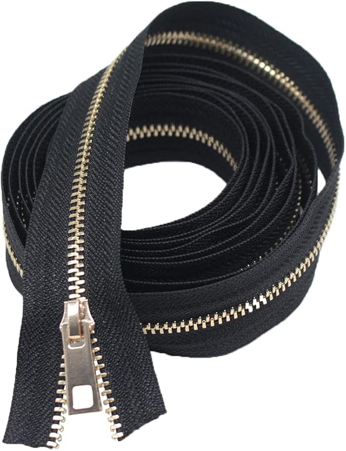 MebuZip #3 Upholstery Zipper by The Yard Black Long Tape Metal Zippers 2 Yards with 10pcs Light Gold Zipper Pull for Sewing Tailor Crafts (Gold 2 Yards)