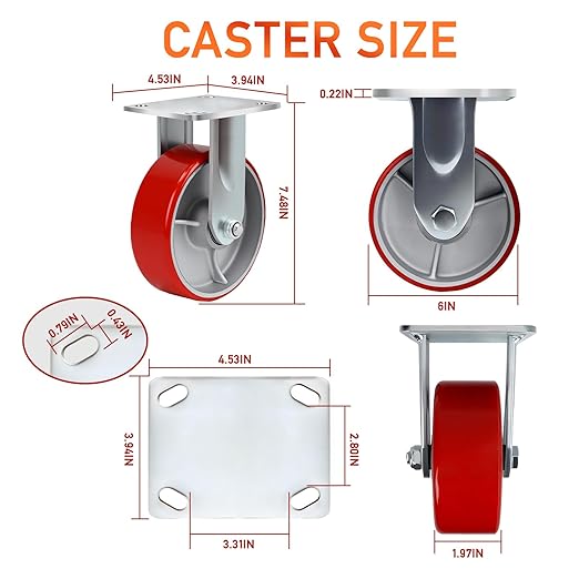 6 Inch Heavy Duty Caster Wheels Set of 4 Industrial Casters Swivel Plate Caster,Load 5000Lbs,Polyurethane Silent Steel Wheels,for Heavy Duty Die,Equipment Movement,U-Boat Cart(2Swivel&2Rigid)