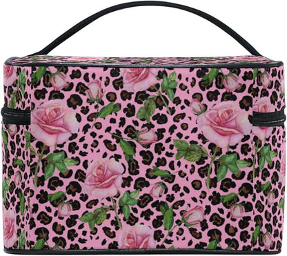 Makeup Bag, Roses On Pink Leopard Travel Makeup Organizer Bag Cosmetic Cases Toiletry Bags for Girl Women Ladies