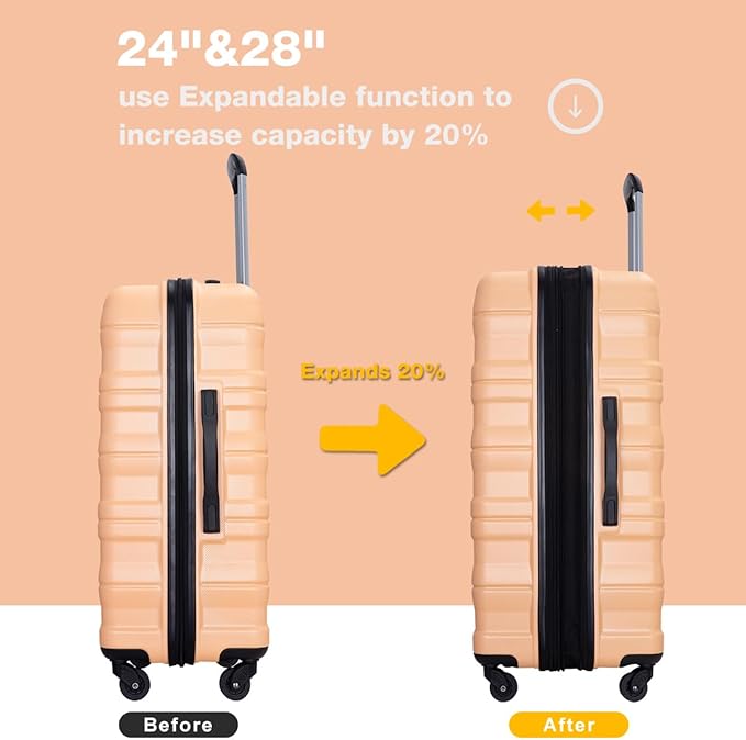 3 Piece Luggage Sets, PC Lightweight Expandable Suitcase with Two Hooks, Spinner Wheels, TSA Lock, (20/24/28) (Champagne)