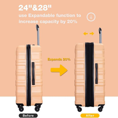 3 Piece Luggage Sets, PC Lightweight Expandable Suitcase with Two Hooks, Spinner Wheels, TSA Lock, (20/24/28) (Champagne)
