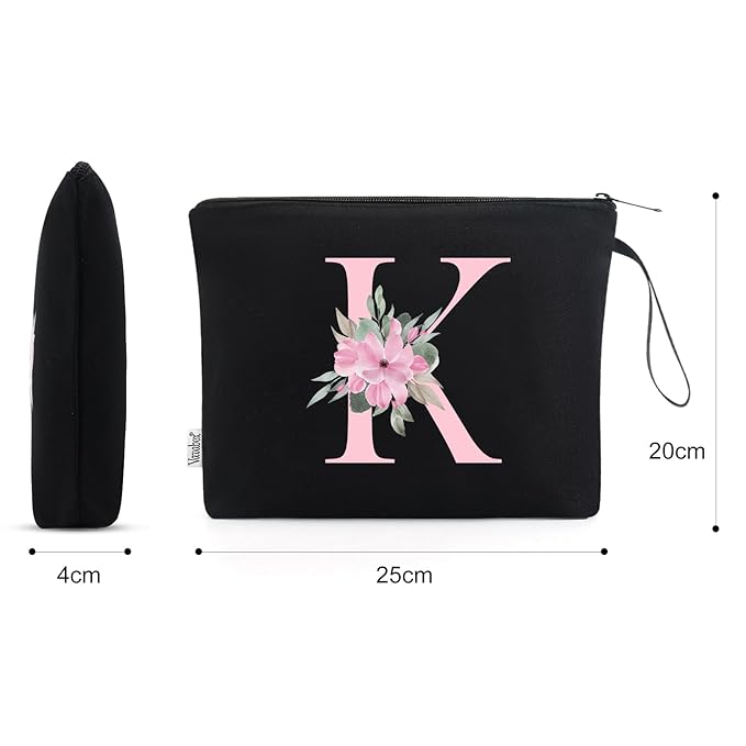 Vavabox A-Z Personalized Makeup Bag, Birthday Gifts for Women Mom, Gifts for Best Friend, Bride Bridesmaid Cosmetic bag (K, Black)