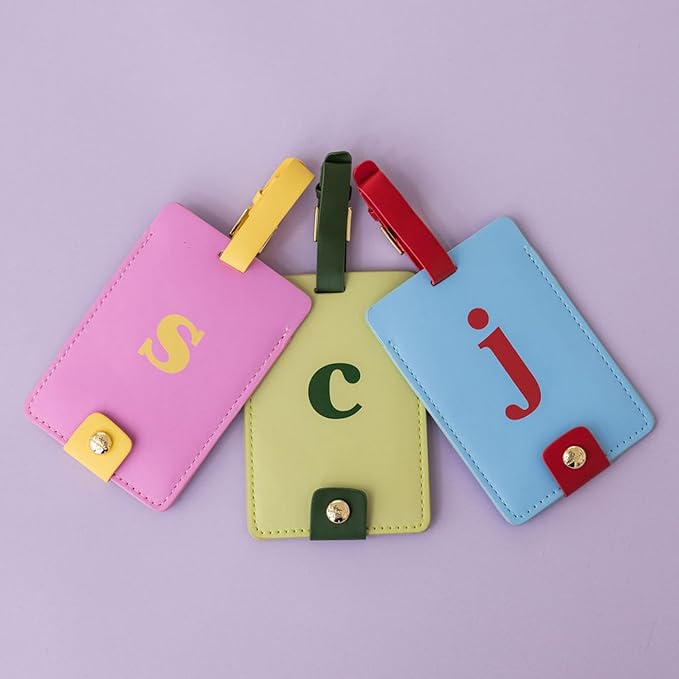 Kate Spade New York Leatherette Luggage Tag with Secure Strap, Colorful Suitcase Identifier for Travel, Monogram Bag Tag ID (J)