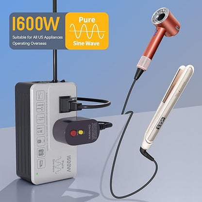 1600W 220V to 110V Voltage Converter, Universal Power Plug Adapter Voltage Converter US to Europe International Travel, Power Any American Appliances in 220-250V, Plug & Play, No Limitations