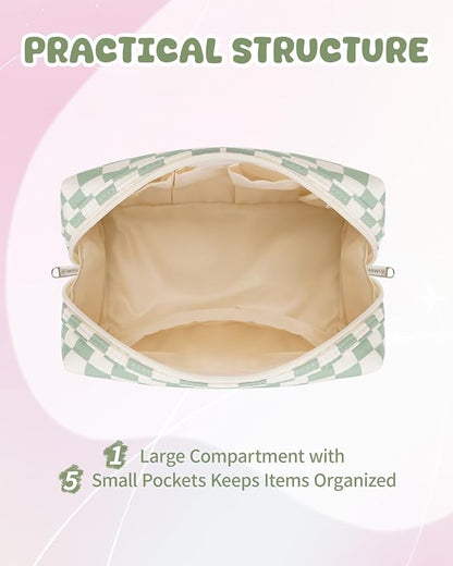 Narwey Birthday Gifts for Teen Girls Women Personalized Initial Checkered Makeup Bag Preppy Cosmetic Bag Trendy Stuff 6 8 10 11 12 13 14 16 18 Years Old Travel Toiletry Bag (Green Letter E)