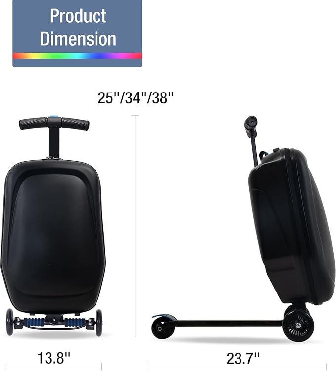 Apelila 20" Scooter Suitcase for Kids, 2-in-1 Ride On Luggage with Wheels for Boys & Girls Ages 4-15, Foldable Hardshell Carry On Lightweight Travel Suitcase for Airplane (Gentle Black w/LED)