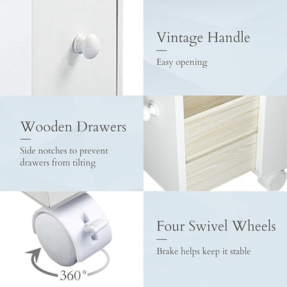 MASAKA B&W Slim Bathroom Storage Cabinet, Side Storage Organizer Toilet,Toilet Paper Storage, Movable Bathroom Storage Cabinet with 2 Drawers and Shelf, Corner Shelves
