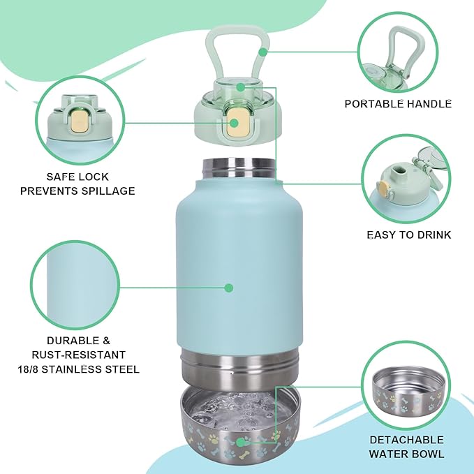 GiNT 37oz Insulated Stainless Steel Dog & Human Water Bottle | Leakproof Travel Dispenser with Detachable 10oz Bowl, 24H Cold/12H Hot, Carrying Case for Walking, Hiking,Camping & Outdoor Travel(Green)