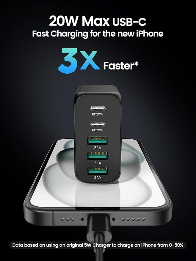 USB C Charger Block,EIZLXQ [2-Pack] Type C Charger Fast Charging,50W 5-Port Usb Wall Charger Multiport Type C Charging Block Cube for iPhone 17/16/15/14/13/12/11 Pro Max XS, iPad, Samsung & More-Black