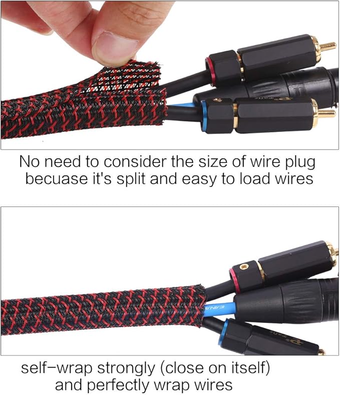 Alex Tech 25ft - 3/8 inch Cord Protector Wire Loom Tubing Cable Sleeve Split Sleeving For USB Cable Power Cord Audio Video Cable – Protect Cat From Chewing Cords - Blackred