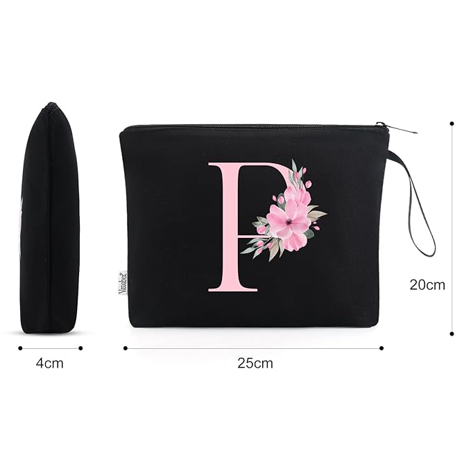 Vavabox A-Z Personalized Makeup Bag, Birthday Gifts for Women Mom, Gifts for Best Friend, Bride Bridesmaid Cosmetic bag (P, Black)