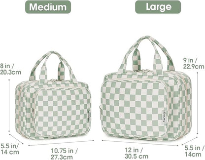 Narwey Travel Toiletry Bag for Women Large Hanging Makeup Bag Organizer Toiletries Bag for Full Size Essentials Accessories Cosmetics (Mint Green Checkerboard (Large))