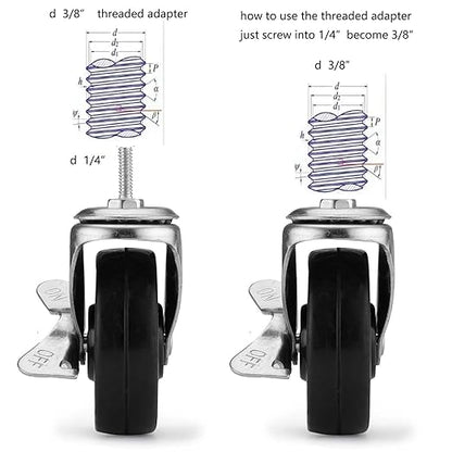 3-Inch Casters,Shelving Wheels, Wire Shelving Replacement Wheels Set of 4, Threaded Stem Rubber Casters (Screw Diameter 1/4"- 20) for Wire Shelves Rack Legs with 3/4" Posts
