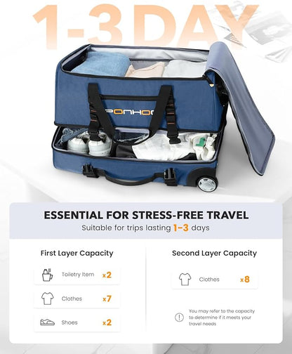 22 Inch Rolling Duffle Bag with Wheels for Men - Water Resistant Wheeled Duffle Bag for Weekend Travel & Overnight Trips, Blue