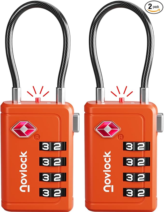 TSA Approved Luggage Locks | Inspection Indicator, 4-Digit Combination, Durable Zinc Alloy | for Suitcases, Backpacks, Travel Bags | Orange, 2-Pack