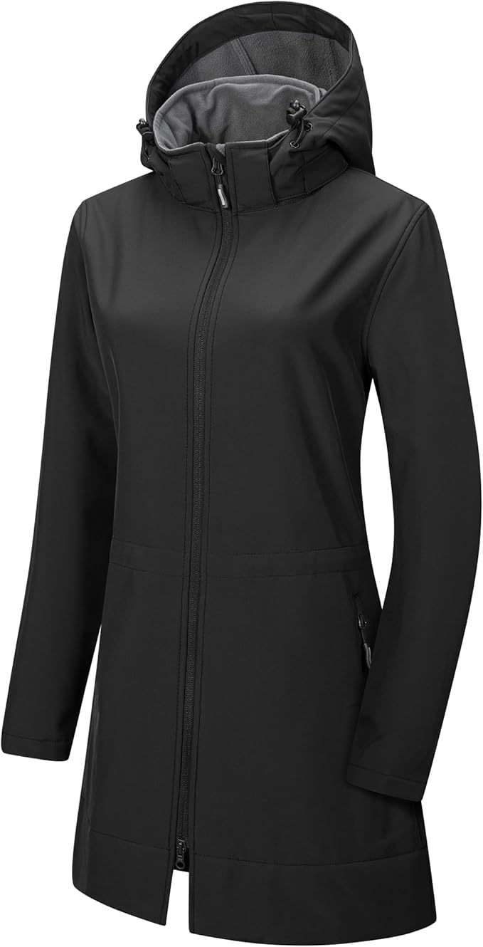 Outdoor Ventures Women's Softshell Jacket with Removable Hood Fleece Lined Windbreaker Insulated Long Warm Rain Jacket