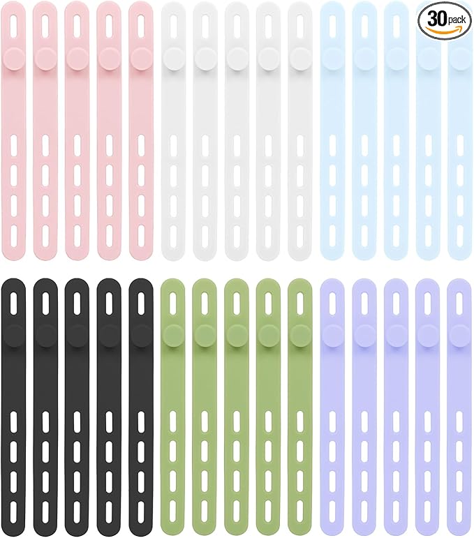 Donruby 30Pcs Silicone Cable Ties - Reusable & Washable with Locking Buckle Design, Adjustable Fastening Cable Straps, Multi-Purpose High Elasticity Cord Organizer (6 Colors)