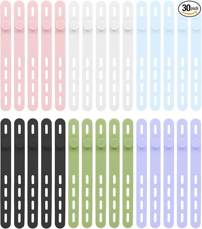 Donruby 30Pcs Silicone Cable Ties - Reusable & Washable with Locking Buckle Design, Adjustable Fastening Cable Straps, Multi-Purpose High Elasticity Cord Organizer (6 Colors)