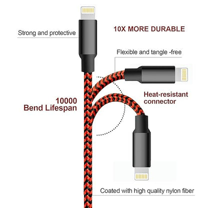 cugunu iPhone Charger, 5 Pack 3/3/6/6/10FT Apple MFi Certified USB Lightning Cable Nylon Braided Fast Charging Cord Compatible for iPhone 14/13/12/11/X/Max/8/7/6/5/SE/Plus/iPad - Black Red