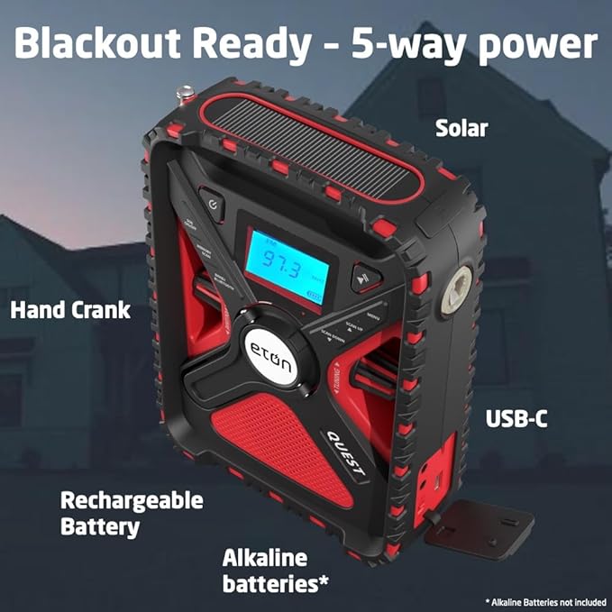 Eton Quest Hand Crank NOAA Weather Radio, All Band Emergency Radio, AM/FM Shortwave Storm Radio, Bluetooth, Ambient Light, Phone Charger, RDS, Solar, Flashlight, Camping, Hiking