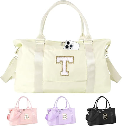 Dance Gym Duffel Bag for Teen Girls, Personalized Initial Travel Weekender Bag,Cute Overnight Carry On Duffle for Women,Sports Travel Cheer Bag,Monogram Christmas Gifts for Tween Preppy(beige-T)