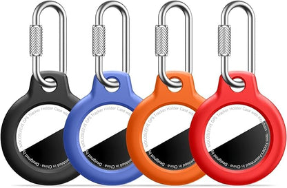 [4 Pack] for Apple for AirTag Holder, PC Shell Case with Secure Carabiner Clip, Shock-Resistant for Air Tagholder Keychain for Keys, Bags, Luggage, Pets, Backpacks, Black/Blue/Orange/Red