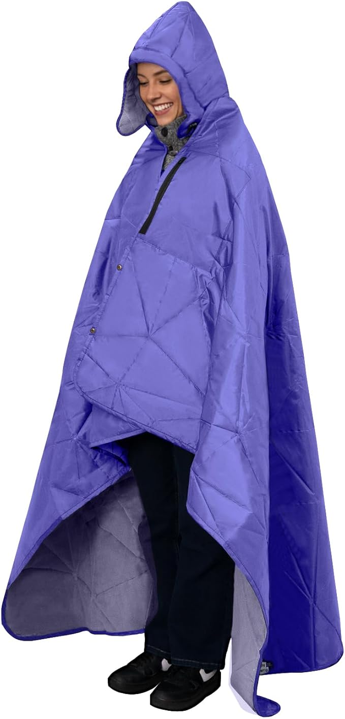 Outdoor Waterproof Blanket, Foldable Fleece Stadium Blanket for Outdoor Sports Event, Camping, Car, Pet, Picnics - Windproof, Wearable, Machine Washable 80" x 58" (Purple,Hooded)