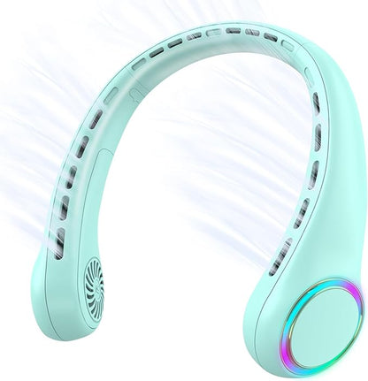 Portable Neck Fan, Personal Fan with 4000mAh Battery, Rechargeable Neck Fan with 3 Speeds and 64 Cool Lights, Birthday Gifts for Men Women Mom Dad, Hands Free Cooling fan for Summer(Green)