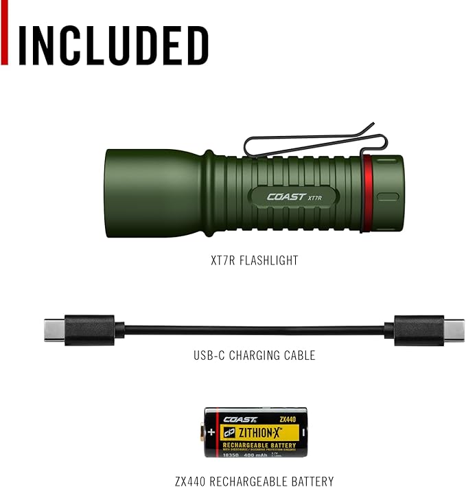 Coast XT7R 1500 Lumen Rechargeable LED Flashlight with Magnetic Mount, Slide Focus, and Pocket Clip, Green