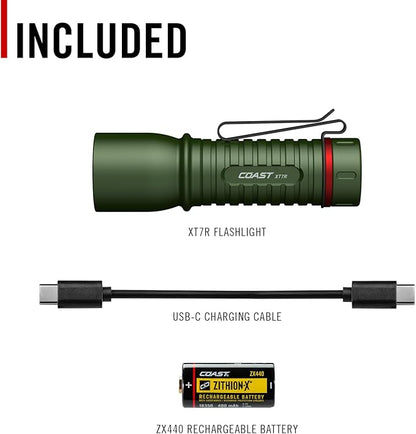 Coast XT7R 1500 Lumen Rechargeable LED Flashlight with Magnetic Mount, Slide Focus, and Pocket Clip, Green