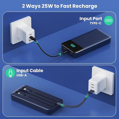 Portable Charger 40800mAh Power Bank with 3 Built-in Cable,PD 25W USB C in&Out Power Bank Fast Phone Charging,QC4.0 5 Output Travel Camping Essential Battery Pack for iPhone 17/16,Samsung Android-Navy