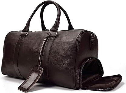 Leather Travel Bag for Men Large Capacity Luggage Duffel Bag with Shoe Compartment, Weekend Handbag for Holiday Business Trip 45cm, Brown