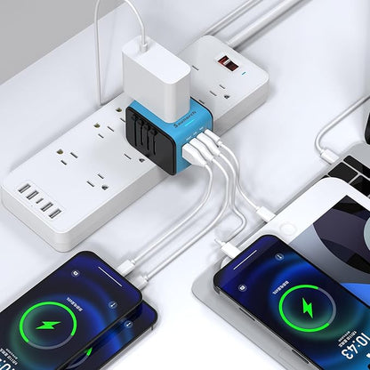 Travel Adapter Worldwide, Universal International Power Plug Adapter W/2.4A 3xUSB-A and 3.0A Type-C Wall Charger, European Travel Plug Adapter for Europe UK EU US CA AU Italy Asia-Blue