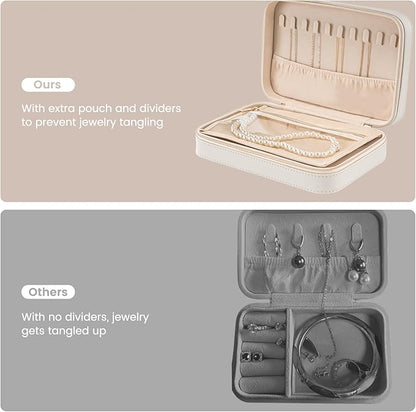 Lolalet Travel Jewelry Case for Women Girls, Travel Jewelry Organizer Box with Mirror & Clear Storage Bag, Small Portable Earring Necklace Bracelet Ring Case, Birthday Christmas Gifts -Medium, White