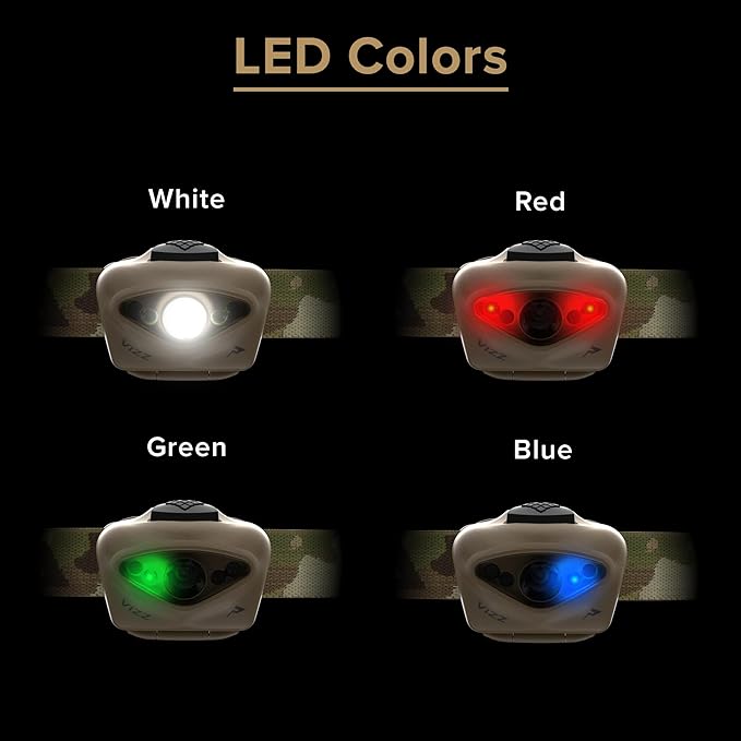 Princeton Tec VIZZ 550 RGB MPLS – 550 Lumen AAA-Powered Tactical Headlamp, Dimmable Spot & Flood White, Red, Green & Blue LEDs, Programmable, IPX7 Waterproof, Ultra-Light, USA Made, Color Multi Cam