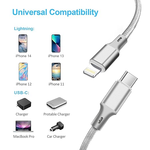 cugunu USB C to Lightning Cable 5 Pack 3/3/6/6/10FT iPhone Charger Apple MFi Certified Power Delivery Fast Charging Cord Compatible with iPhone 14/13/12/11/XS/XR/X/8 - Gray